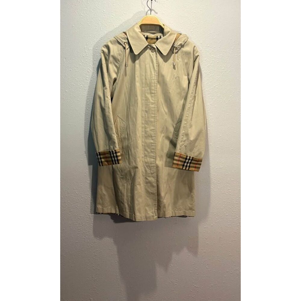 Vintage 100% Cotton Burberry Hooded Balmacaan Car Coat - Beige - 6 Reg